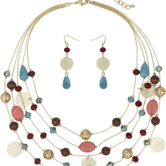 5Layer Multi Color Beaded Illusion Wire Collar Statement Necklace with Earrings - Picture 1 of 7